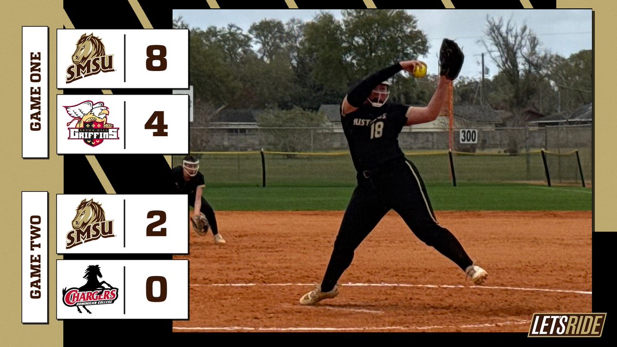 Did someone say SWEEP? The Mustangs defeat Seton Hill for the second time in two days and Dominican (N.Y.) this afternoon, improving their record to 3-1 in THE Spring Games.

SMSU faces Northwood (Mich.) and Seton Hill again on Thursday.

#LetsRide