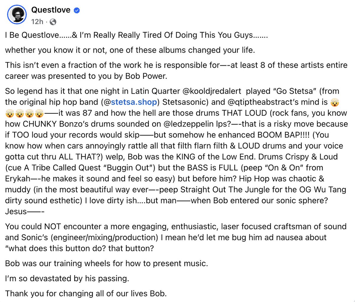 _DJShort's tweet image. Questlove honors Bob Power via Instagram: