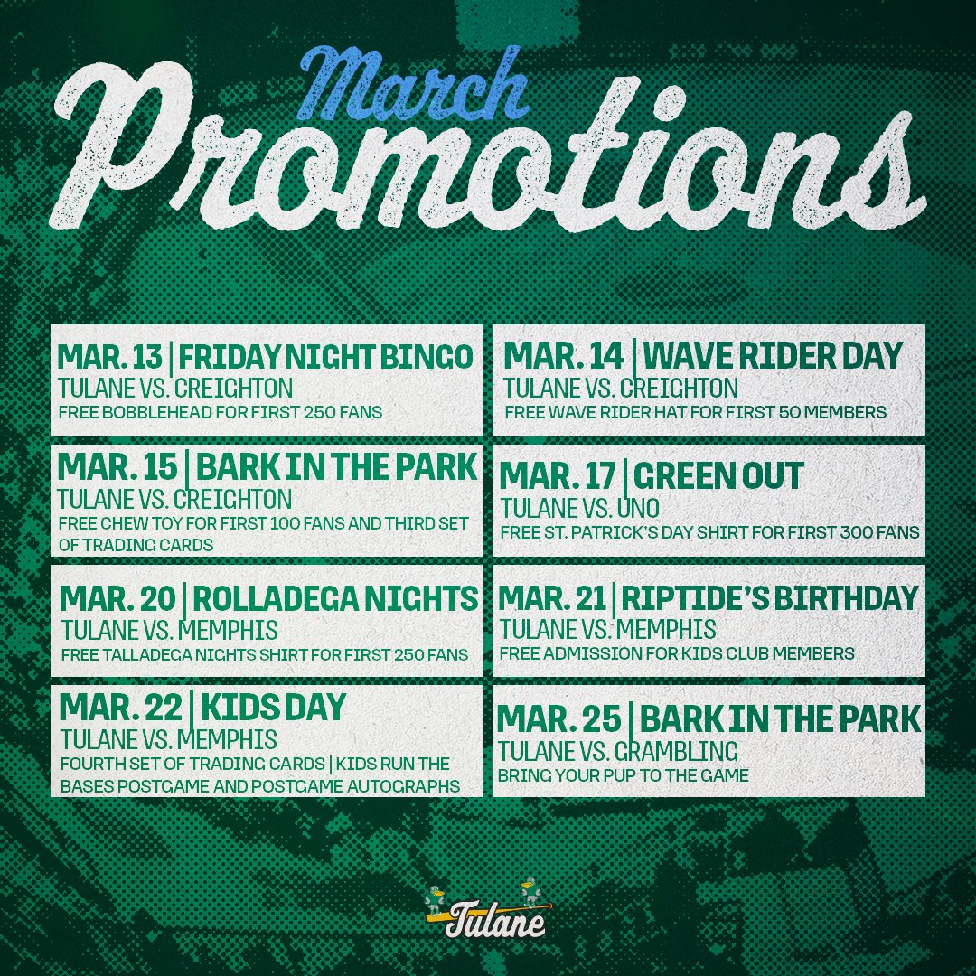 GreenWaveBSB's tweet photo. March is in full swing, so check out this month's promotions! Get your tickets now and join us at #GFATS all season long!
🎟️: https://t.co/QLjJs6f31A
#RollWave🌊 https://t.co/t0m4Z2QOQN