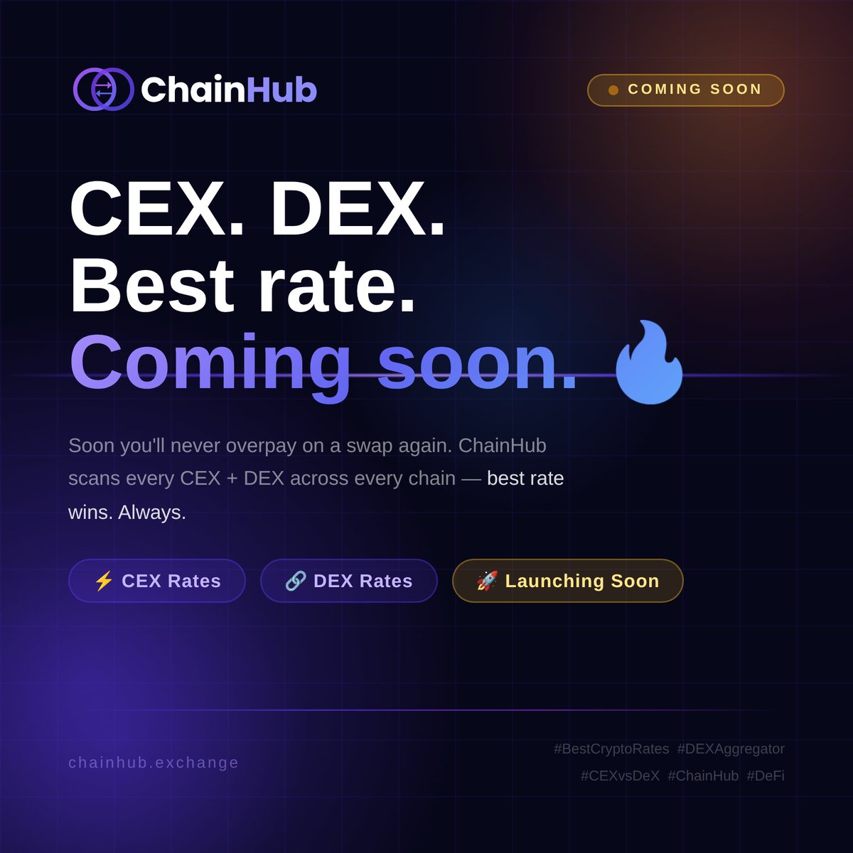 ChainHub_Exch's tweet photo. The wait is almost over. π ChainHub is scanning EVERY CEX + DEX across EVERY chain to find you the best swap rate. No more overpaying. No more hopping exchanges. CEX. DEX. Best rate. Always. π₯ Launching soon β https://t.co/2DmGnFigYP #BestCryptoRates #CEXvsDEX #CryptoLaunch #ChainHub #DeFi #Web3 #Dubai #STOPWAR