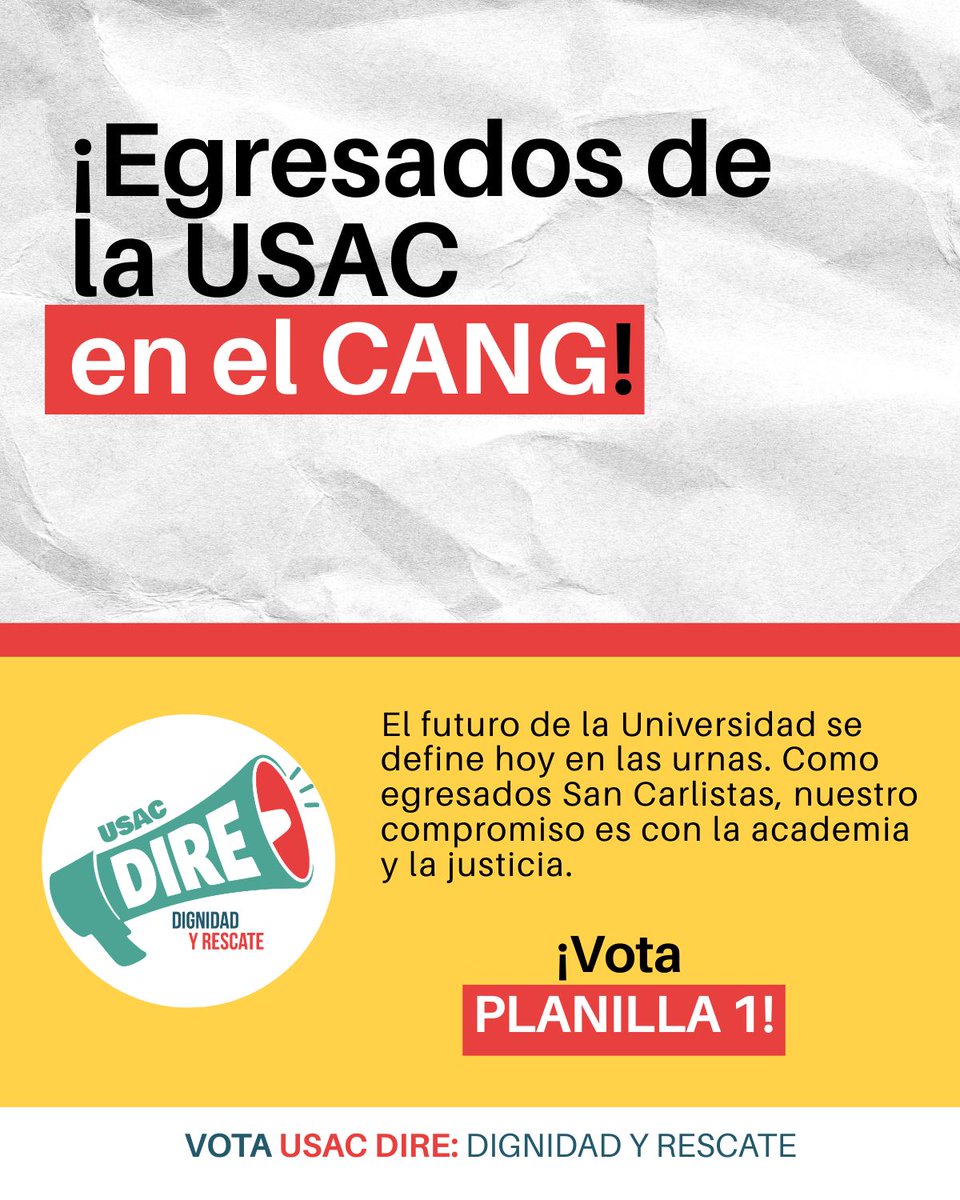 usac_dire's tweet photo. ¡Egresados San Carlistas, hoy definimos el futuro! 🗳️
En las urnas del CANG, nuestro voto garantiza academia y justicia.
El compromiso es con la Universidad que merecemos.
¡Votá PLANILLA 1!
#CANG #Planilla1 #USACDIRE https://t.co/UPfivG6SnT