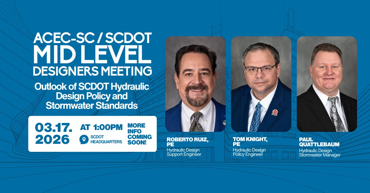 theACECSC's tweet photo. ACEC-SC &amp; SCDOT invite you to join us for the Midlevel Designers Meeting on Tuesday, March 17. 📐
RSVP here: https://t.co/vRBWX4IIuq
Be on the lookout for more information coming soon!
#ACECSC #SCDOT https://t.co/HeSI2aVElB