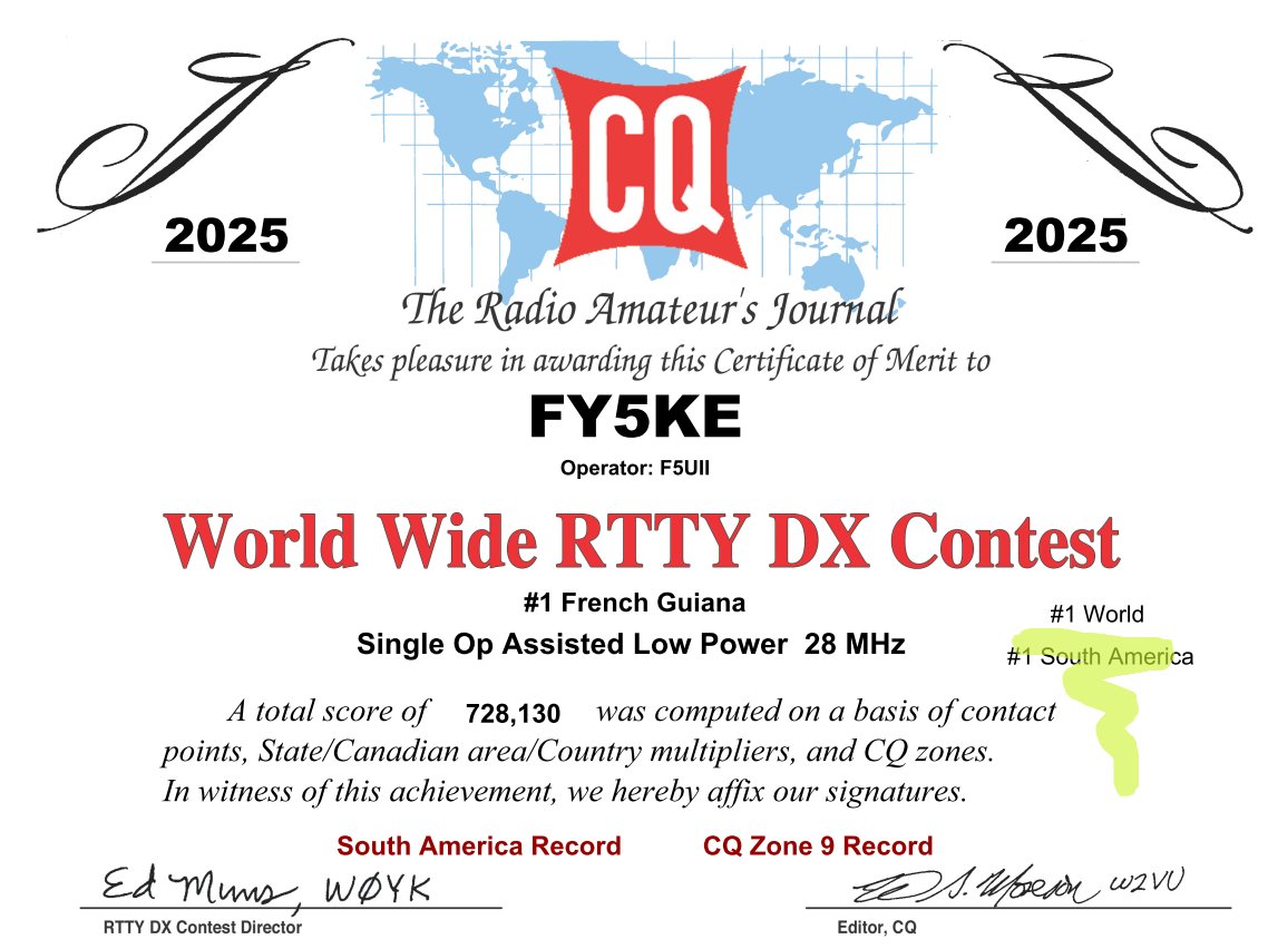 f5uii's tweet photo. 🏆 #1 Worldwide – FY5KE @ CQ WW RTTY 2025! 
#LowPower 10M | Single Op
728,130 pts • 1,287 QSOs • 33 Zones • 105 Countries
29.3 hrs of pure RTTY magic on 10m! 🌍⚡
 Huge thanks to every station in the log Low power, high fun! 📡

💛 #FY5KE #CQWWRTTY #LowPower #10m #HamRadio https://t.co/bCExJfDq3y