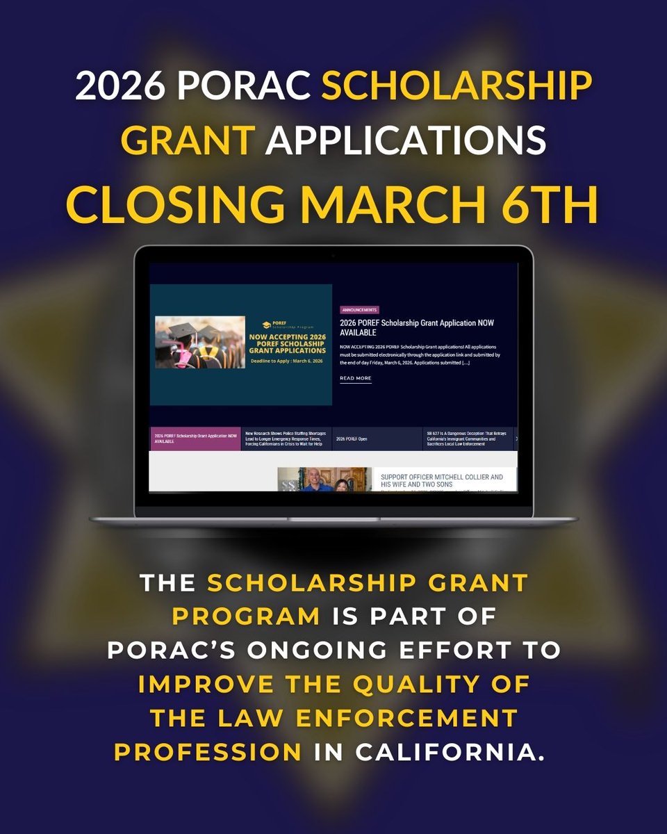 🚨 LAST CALL 🚨

PORAC Scholarship applications close Friday, March 6, 2026! 🎓

If you or your family member is pursuing higher education, don’t miss this member benefit opportunity.