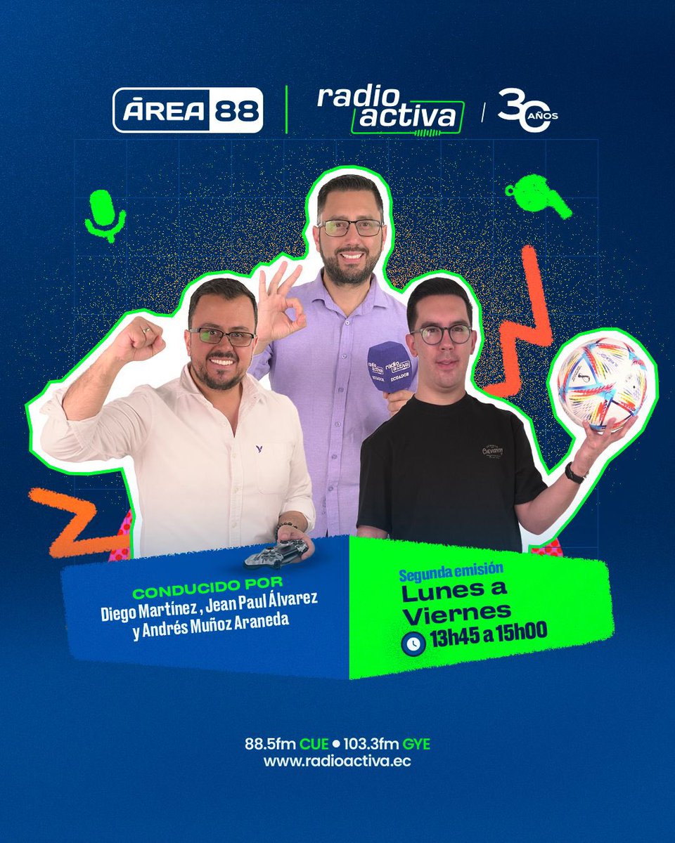 ¡Súmate al equipo deportivo de Área 88, y entérate de las últimas novedades del deporte! 

Ya están 🎙️ <a href="/DiegoMartinez_C/">Diego Martínez C.</a>, <a href="/jp_alvarezc/">Jean Paul Álvarez</a> y <a href="/andresmunoza/">Andrés Muñoz Araneda</a> en la señal de <a href="/radioactiva_ec/">Radioactiva Ecuador</a>. 

📻 88.5FM - CUE | 103.3FM - GYE
🌍 radioactiva.ec 
📱 0987175788