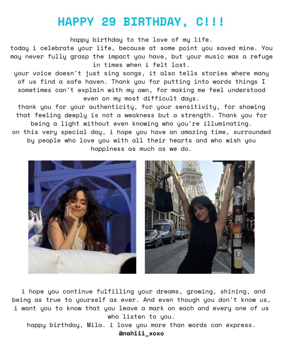 xoxitogirl's tweet photo. Hi everyone, how are you? We prepared cards for our Camila in commemoration of her birthday, we hope you see them 🥹🫶🏼 @Camila_Cabello @CamilaAccess 
#HappyBirthdayCamila https://t.co/tfM8E3SNUe