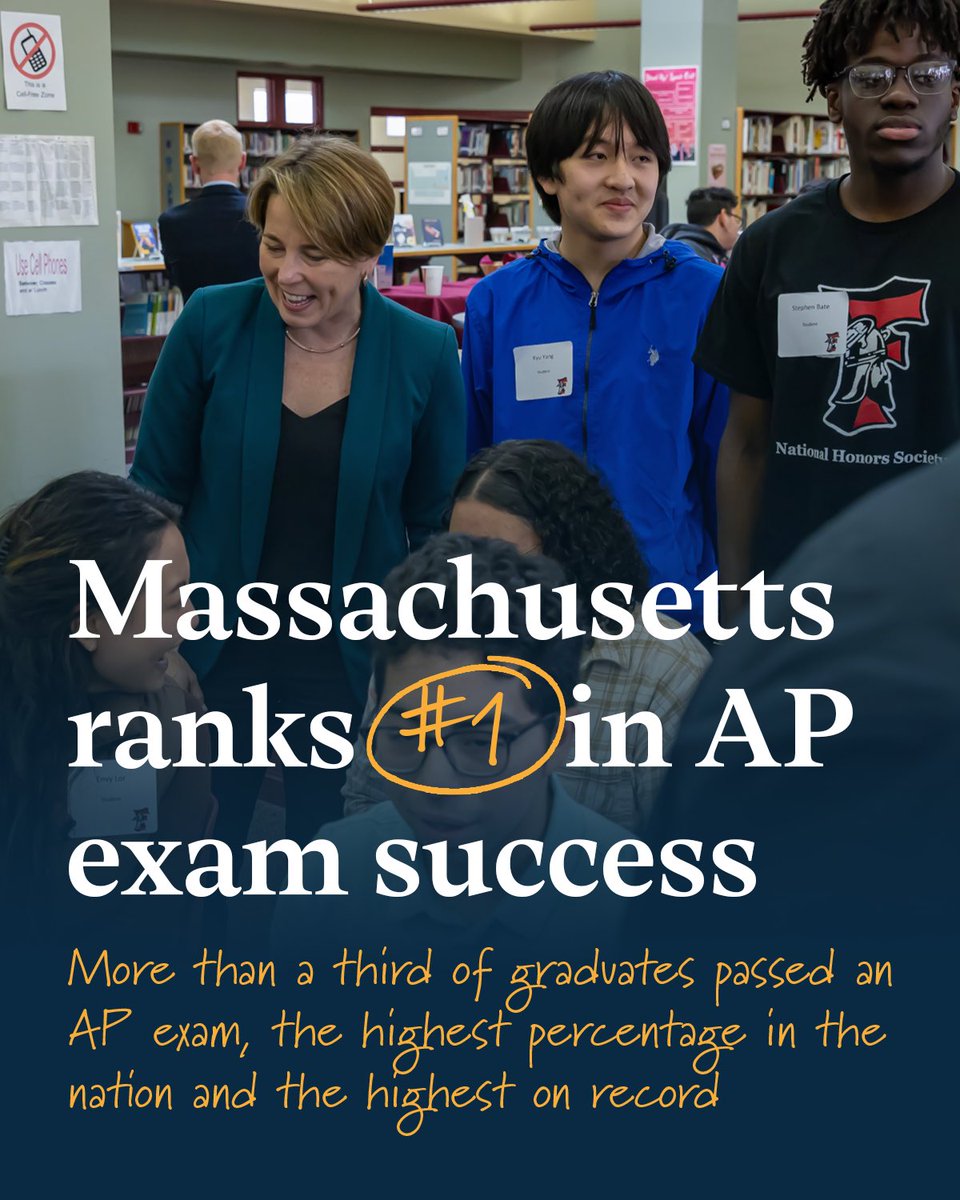 BIG NEWS: Massachusetts is #1 for AP success! We had the highest percentage of graduates ever recorded passing their exams. 
 
By covering exam fees and expanding Early College, career pathways, and apprenticeships, we’re setting students up for success after graduation.