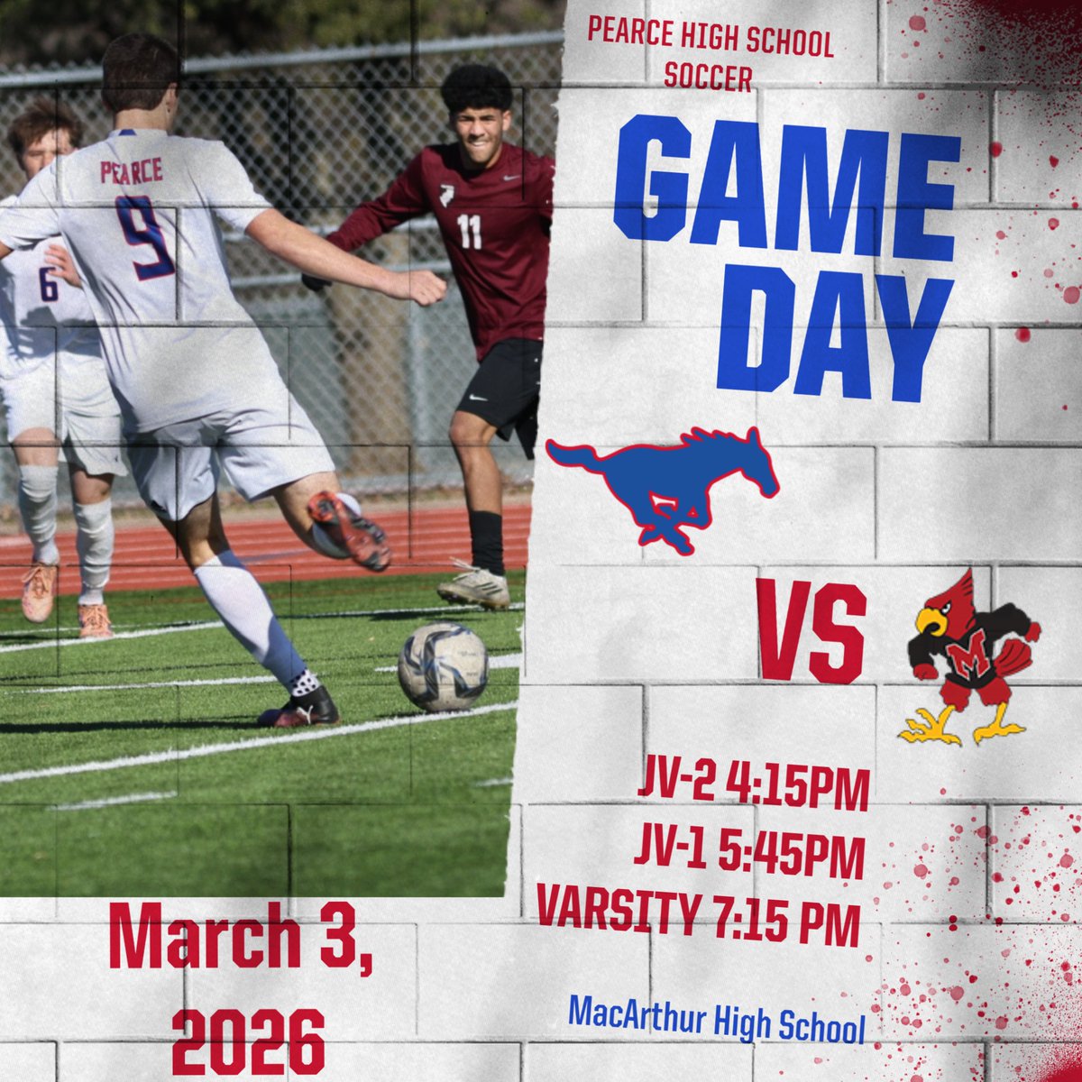 #gameday at MacArthur tonight! JV-2 at 4:15, JV-1 at 5:45, and Varsity at 7:15. 
See you there!

#mustangsoccer #compete