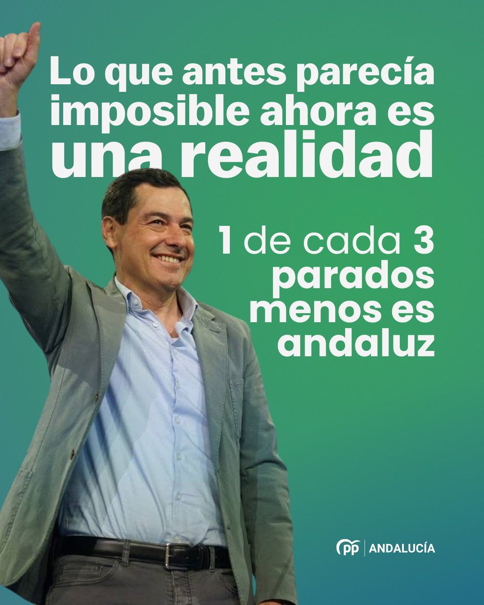 👏🏽 Andalucía lleva 36 meses consecutivos liderando la bajada del paro interanual en España.

🇪🇸 1⃣ de cada 3⃣ parados menos en España es andaluz.

¡Lo que antes parecía imposible ahora es una realidad!

#AndalucíaLidera 
ppandalucia.es/andalucia-cons…