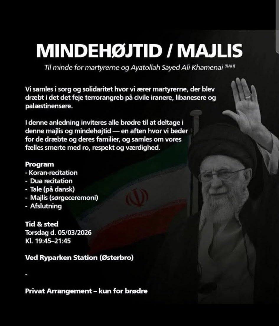 DSUAlexander's tweet photo. På torsdag vil der finde endnu en mindehøjtidelighed sted på Østerbro, for en af mest barbariske, islamiske diktatorer i nyere tid, som har stået bag mordene på tusinder af kvinder, homoseksuelle, jøder, kristne og dissidenter

Og nåh jo….. Arrangementet er kun for mænd…. https://t.co/pEHZOqjECl