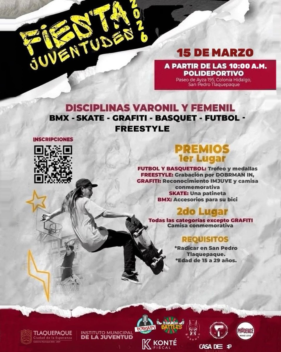 dk1250's tweet photo. Fiesta Juventudes 2026 en San Pedro Tlaquepaque: deporte, cultura y urbano el 15 de marzo en Polideportivo Paseo de Ayza. Convocatoria abierta hasta 13 de marzo para jóvenes 15-29 años. BMX, skate, freestyle, graffiti, fútbol y básquetbol.
📰 @25fernandaC
#RadioramadeOccidente https://t.co/ava8gQiJM1