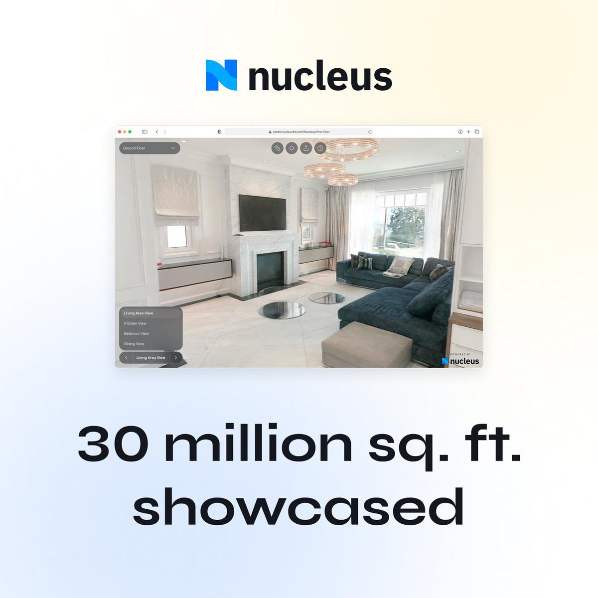 Nucleus4D's tweet photo. 30M+ sqft showcased. Not photos. Not just 3D tours. A full content engine.

Scan once → Create reels. Generate walkthroughs. Host live tours. Repurpose endlessly.

The future of property marketing isn’t more shoots. It’s more efficient workflows.

If you’re a media company scaling in 2026, this matters.

#listingvideo #realestate #realestate #propertymarketing #realestatemarketing