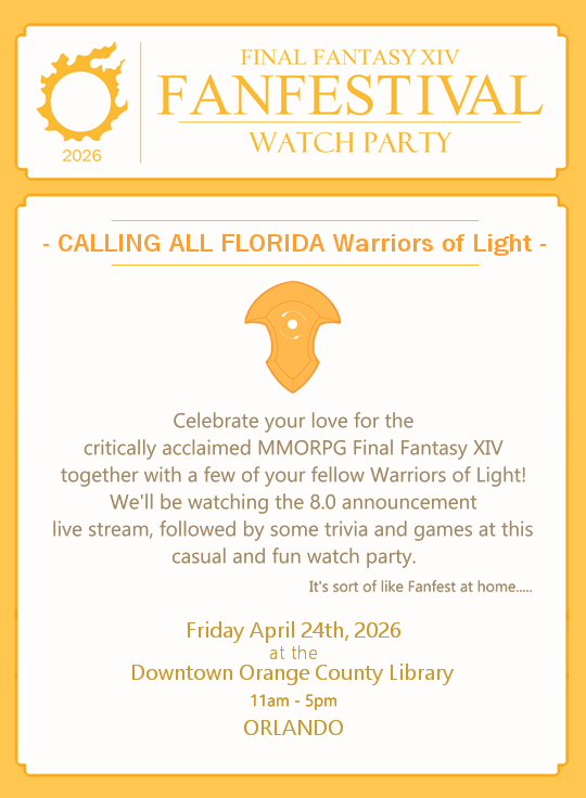 bascheng's tweet photo. #ffxiv #ff14 #ffxivfanfest2026 
Hello hello Florida based XIV fans! I am hosting a Fanfest Watch Party and you're invited!- info in thread: https://t.co/caOfkD3xyK