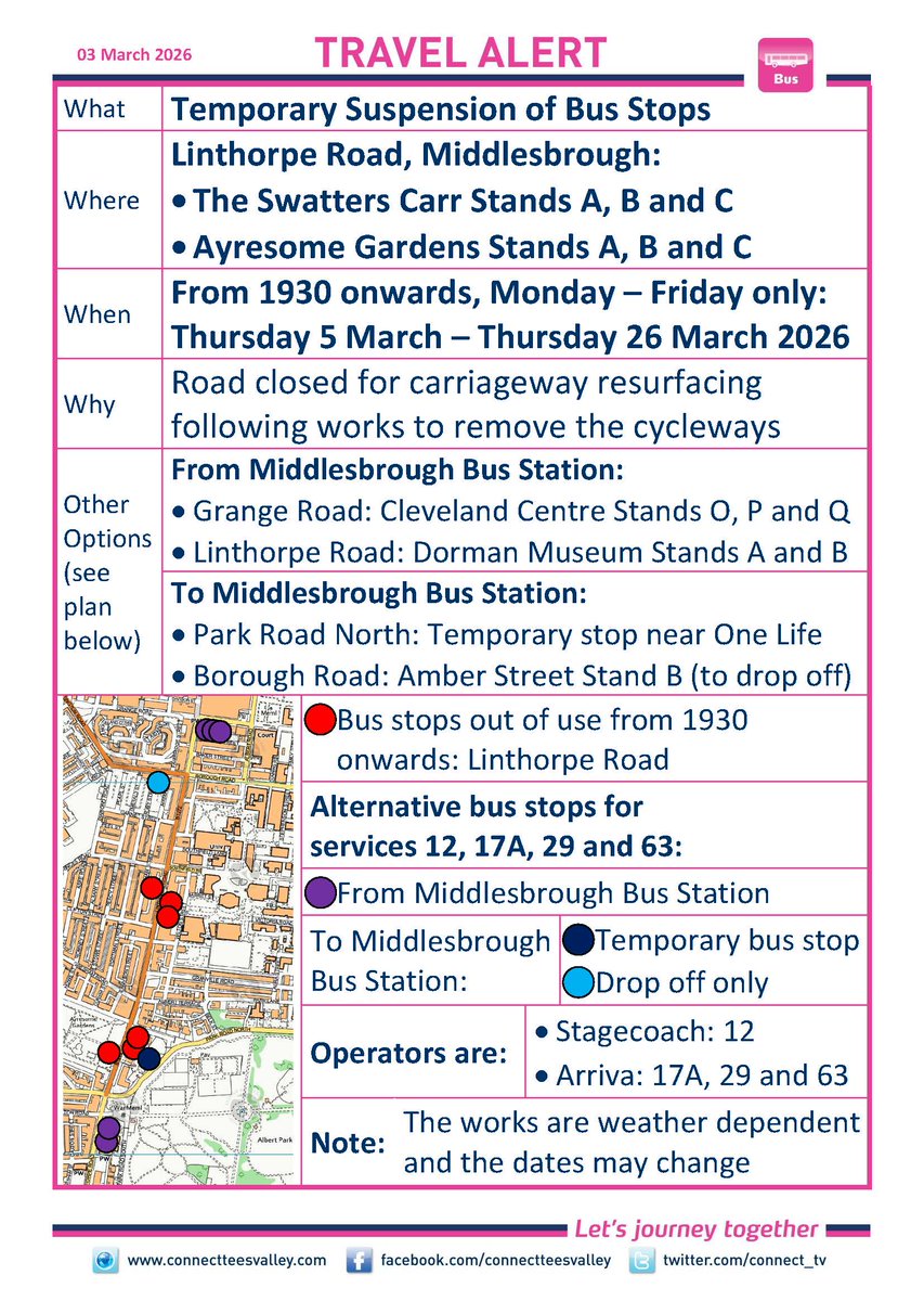 LINTHORPE ROAD, MIDDLESBROUGH: The Swatters Carr &amp; Ayresome Gardens bus stops closed after 1930 Mon-Fri Thu 5-Thu 26 Mar. Use:
From Bus Stn: Cleveland Centre &amp; Dorman Museum
To Bus Stn: Park Rd N (temporary stop) connectteesvalley.com/data/travelale… <a href="/MbroCouncil/">MiddlesbroughCouncil</a> <a href="/arrivanortheast/">Arriva North East</a> <a href="/StagecoachNE/">Stagecoach NorthEast</a>