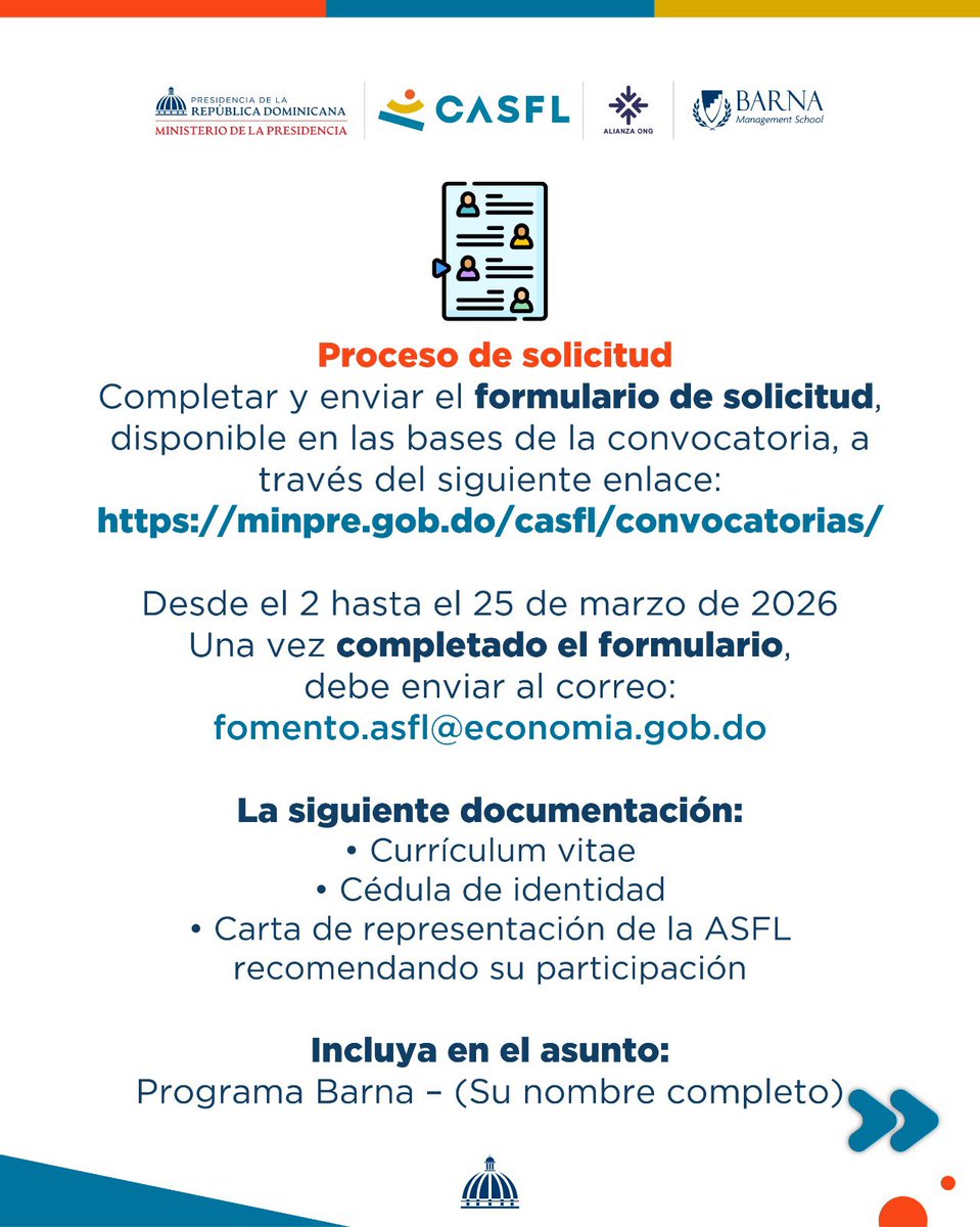 MinpreRD's tweet photo. El #CASFL, junto a Barna Management School y Alianza ONG, abren la convocatoria para la 3ra edición del programa dirigido a fortalecer el liderazgo del sector social.

🔗 Aplica aquí: https://t.co/APUhclkwAv

Impulsa una gestión más profesional, sostenible y con mayor impacto. https://t.co/roYj0GmKlr