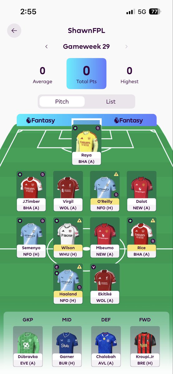 ShawnFPL's tweet photo. #FPL GW 29
5 FTs
Enzo ➡️ Garner
Keane ➡️ Timer
Haaland (c)
Ekitike (vc)
4 FTs for next GW
So many yellow flags in the squad, else I'd have used Bb
#FPLCommunity #FPLSG https://t.co/Y2MIuxrCoa