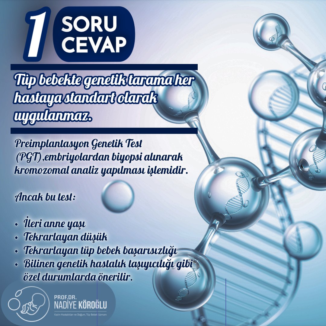 📹Her tüp bebek tedavisinde genetik tarama yapılır mı?

‼️Hayır. Her hastaya rutin olarak yapılmaz.

📌Preimplantasyon Genetik Test (PGT),embriyolardan biyopsi alınarak kromozomal analiz yapılması işlemidir.

Ancak bu test:

✔ İleri anne yaşı
✔ Tekrarlayan düşük
✔ Tekrarlayan