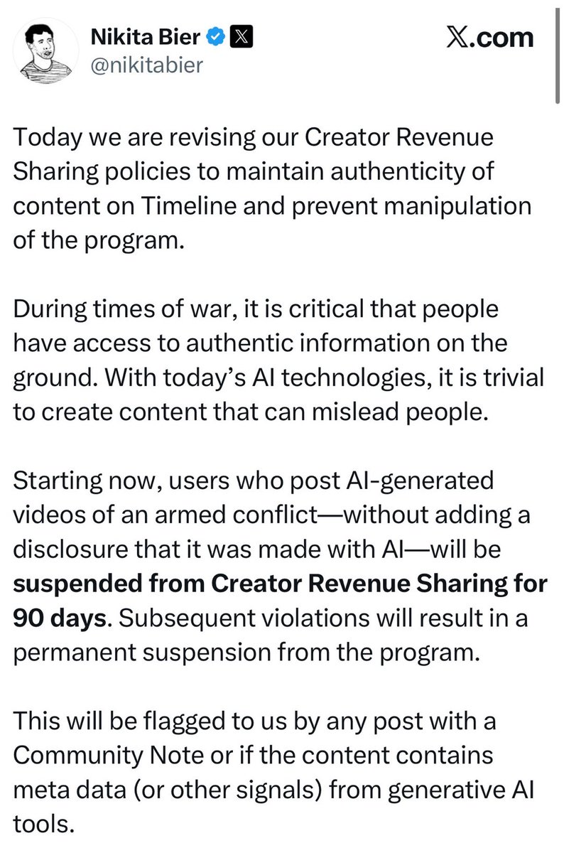 WellsJorda89710's tweet photo. 🚨 BREAKING: X just dropped the hammer — anyone caught posting AI-generated videos without disclosing it's AI gets suspended from Creator Revenue Sharing for 90 days.  

Repeat offenders? Permanent ban from monetization.  

This is smart. Finally cleaning up the fake war/propaganda slop. 🔥  
Who's cheering? 👇