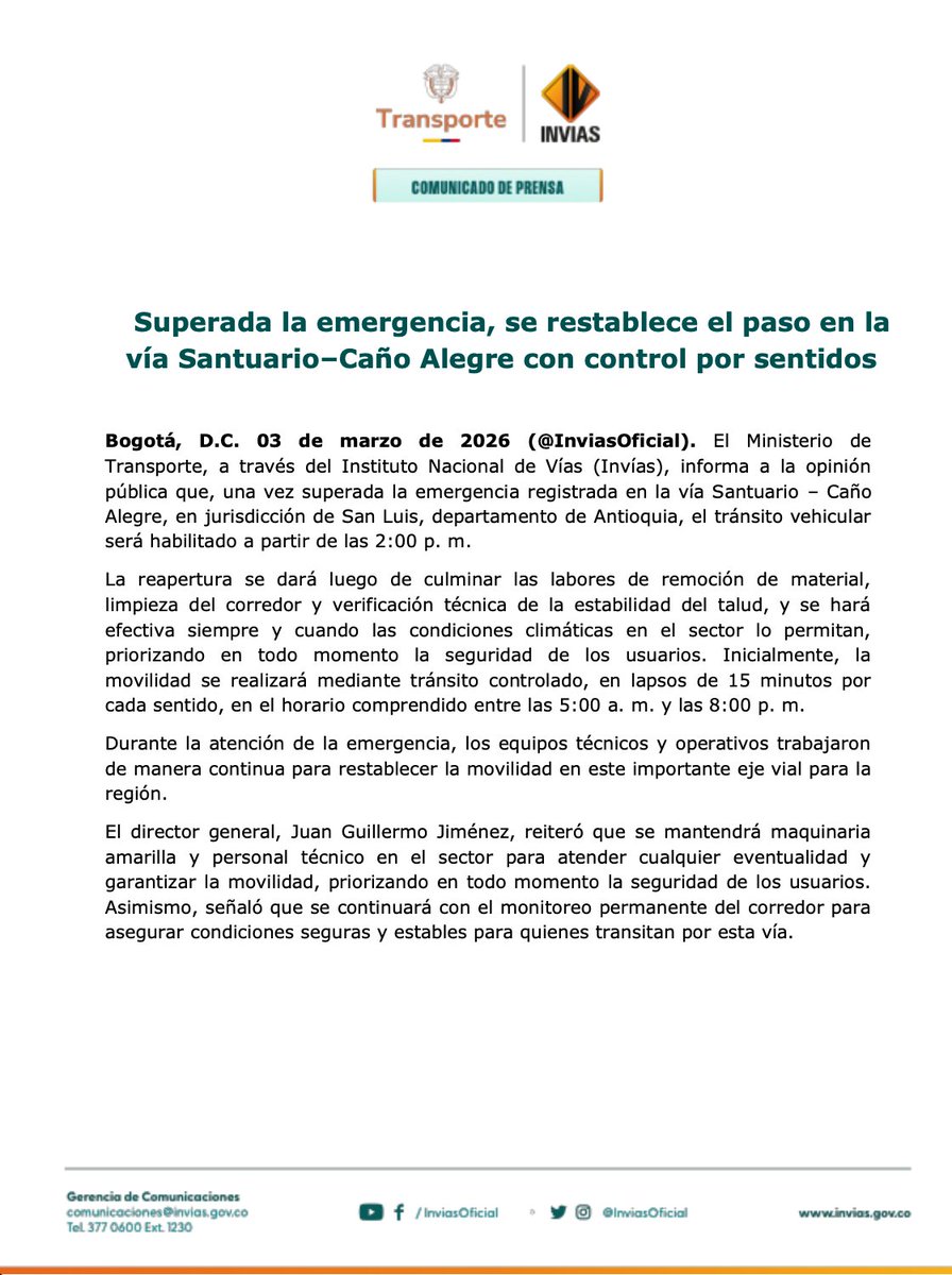 InviasOficial's tweet photo. Cumplimos! ✅Invías reabrió la vía Santuario – Caño Alegre y superó la emergencia que mantenía interrumpida la movilidad en este corredor. Con trabajo continuo, personal especializado y maquinaria en terreno, restablecimos el paso y la conectividad.
@maferojas
@MinTransporteCo https://t.co/O5Ytd50E7M