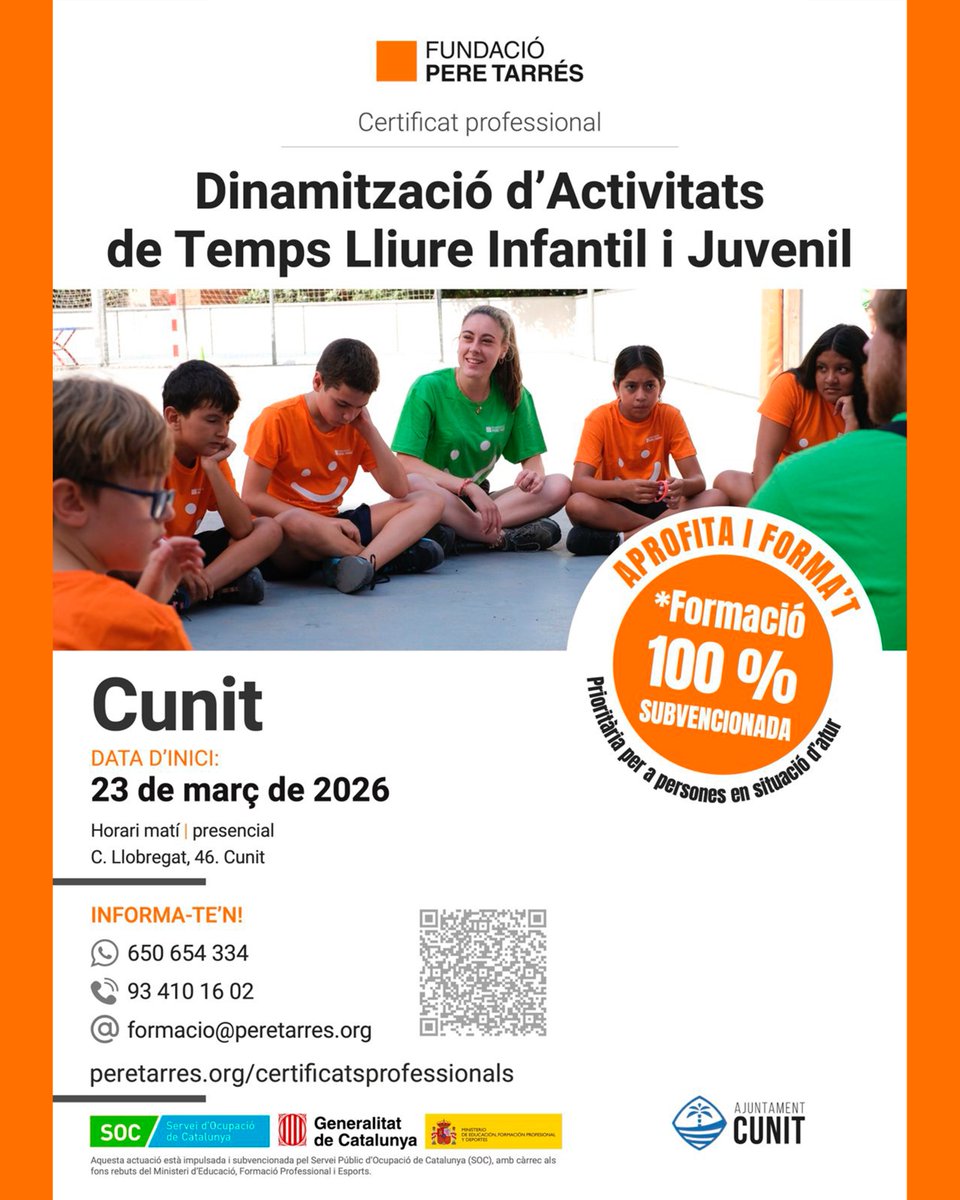 Ajuntamentcunit's tweet photo. ℹ️ La Fundació Pere Tarrés, conjuntament amb l’Ajuntament de Cunit, torna a posar en marxa al municipi el certificat de professionalitat de Dinamització (Monitor/a).

Aquesta proposta formativa compta amb titulació oficial i és 100% subvencionada.

https://t.co/NFSjqf0xKL #Cunit https://t.co/igQAYFrS68