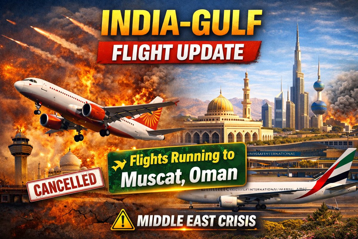 SamundarTimes's tweet photo. ✈️ INDIA–GULF FLIGHT UPDATE
Middle East tension ke beech kai India–Gulf flights cancel ya suspend hain.
Lekin positive update 👇
🟢 Muscat, Oman ke liye kuch limited flights operate ho rahi hain.
🟢 Special &amp; repatriation flights bhi chal rahi hain. https://t.co/GX9P0dyOta
