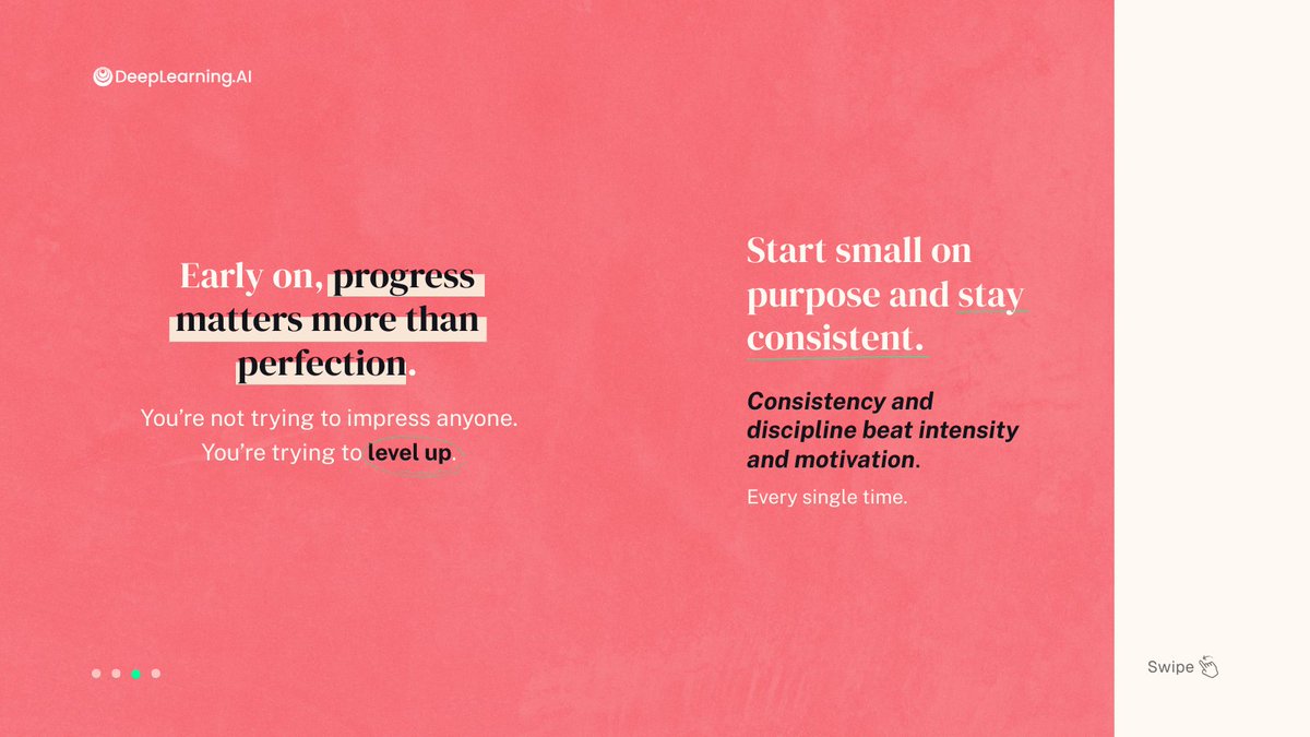 DeepLearningAI's tweet photo. The fastest way to grow in AI isn’t building something massive.

It’s starting smaller than you think.

One short script.
One simple dataset.
One small, structured win at a time.

That’s how confidence builds.
That’s how skill compounds.

Start with one course at https://t.co/BkI0GcRBgJ