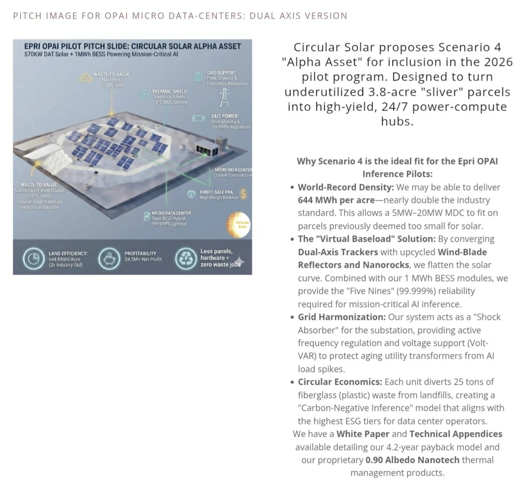 circularsolar1's tweet photo. @evanhalper #MAGA should support Circular #Solar farms - we're an #OPAI member, hoping to scale powering #AI. Once third-party testing confirms the higher solar yields, less land is required for MDCs. 
We also solve how to fully recycle EoL wind turbine blades.

https://t.co/WGylio3EVp https://t.co/7xXc0D7Xia