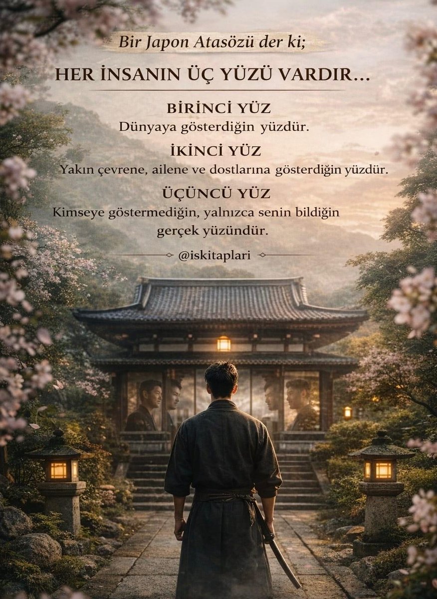 IsKitaplari's tweet photo. Bir Japon atasözü der ki, her insanın üç yüzü vardır...

BİRİNCİ YÜZ
Dünyaya gösterdiğin yüzdür.

İKİNCİ YÜZ
Yakın çevrene, ailene ve dostlarına gösterdiğin yüzdür.

ÜÇÜNCÜ YÜZ
Kimseye göstermediğin, yalnızca senin bildiğin gerçek yüzündür. https://t.co/47iylXfelQ