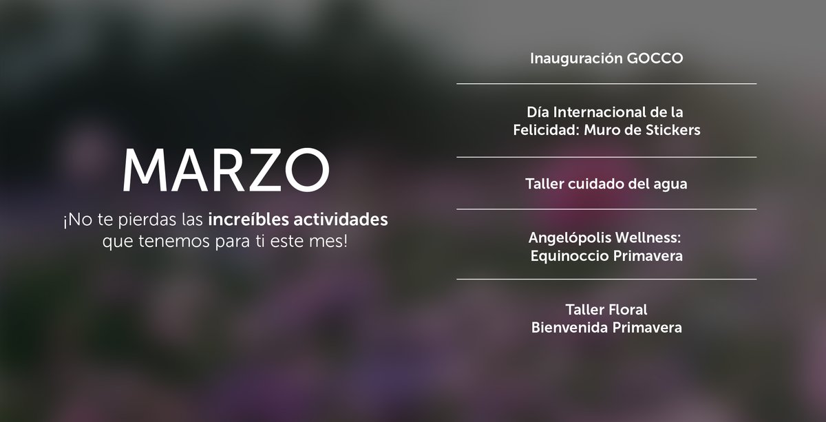 Un nuevo mes comienza y con él llegan experiencias, tendencias y momentos para disfrutar al máximo.

Descubre lo imperdible de marzo en Angelópolis: novedades, estilo y planes pensados para sorprenderte en cada visita.

¿Ya sabes por dónde empezar?