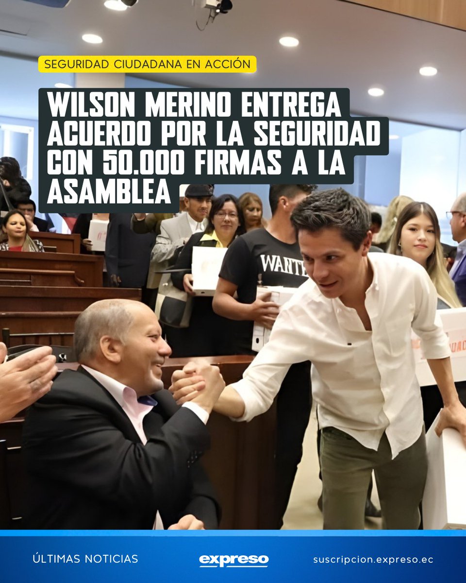 Expresoec's tweet photo. Con 50.000 firmas, el concejal Wilson Merino entregó el Acuerdo por la Seguridad en la Asamblea, respaldado por los barrios del país.

Detalles 👉 https://t.co/AMRysxIa65 https://t.co/YXQITn3aJC