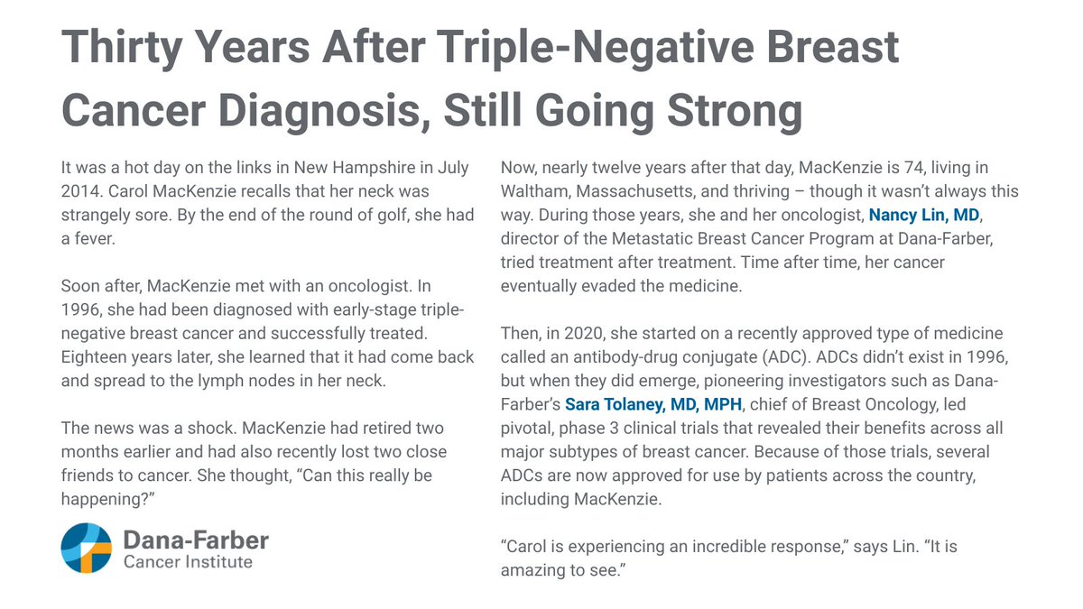 DFCI_BreastOnc's tweet image. Carol MacKenzie, faced #TripleNegativeBreastCancer with limited options – but then a clinical trial offered a new path. Her story shows how #AntibodyDrugConjugates are giving some patients renewed hope and more time. #TNBC #BreastCancer #ADCs 

@stolaney1 @nlinmd