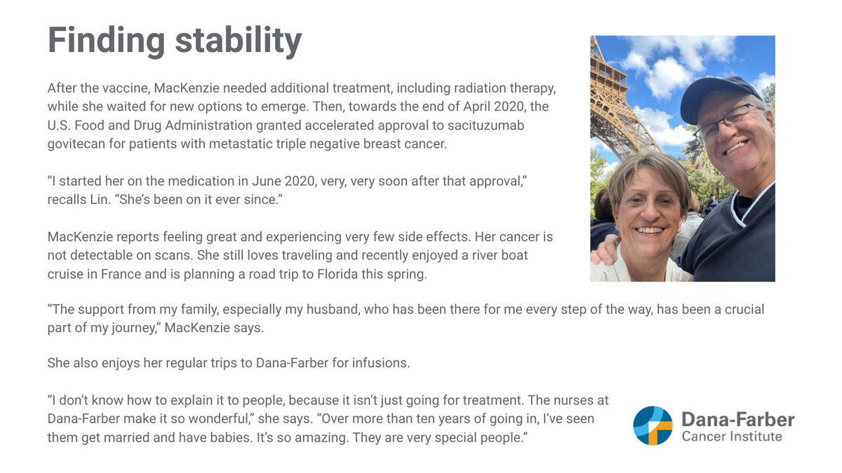 DFCI_BreastOnc's tweet image. Carol MacKenzie, faced #TripleNegativeBreastCancer with limited options – but then a clinical trial offered a new path. Her story shows how #AntibodyDrugConjugates are giving some patients renewed hope and more time. #TNBC #BreastCancer #ADCs 

@stolaney1 @nlinmd