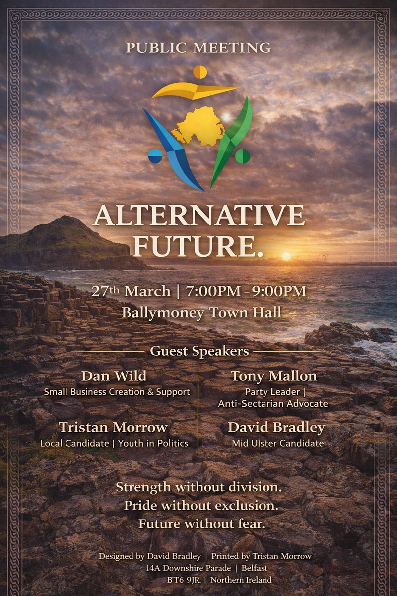 NiPeopleParty's tweet photo. Our first public meeting of 2026!
We will be hosting a public meeting in Ballymoney on the 27th of march. The aim is to share ideas on how we as a society can build a better and brighter future for all in NI. There will be refreshments as well.
Let’s make NI Great! 💛💙💚 https://t.co/ywjHjOEWku
