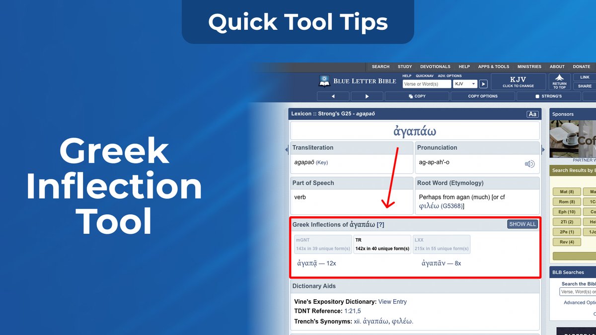 BlueLetterBible's tweet image. Did you know that #BLB has a Greek inflection tool? blb.sc/00EYoR #TipsandTricks #BibleStudyTools #BlueLetterBible