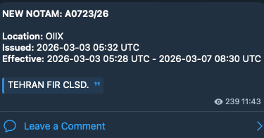 hey_itsmyturn's tweet image. The #NOTAM for closure of the Iranian airspace was extended for 4 more days 
End:  
2026-03-07 08:30 UTC
[This doesn't mean the war will end by that time, this is the 2nd time that they're extending the NOAM]

t.me/irannotam/2002