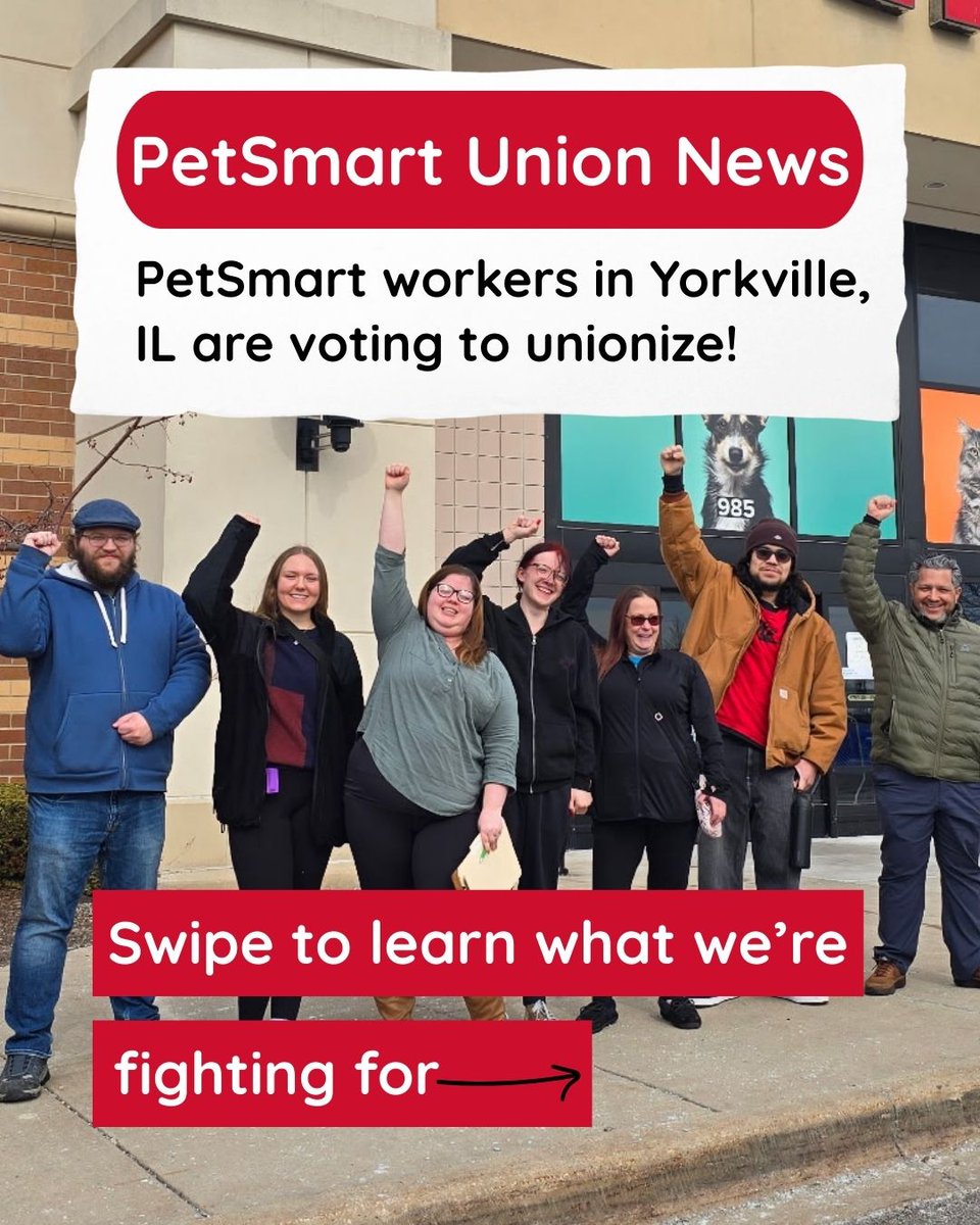 petsmart_union's tweet photo. On February 17th, our coworkers at Yorkville, IL announced that they’re starting a union! 

Next, on March 25th, they will vote to officially join our nationwide movement. 

These associates know we all deserve better and more equitable working conditions. https://t.co/ZDSZXdoXNm