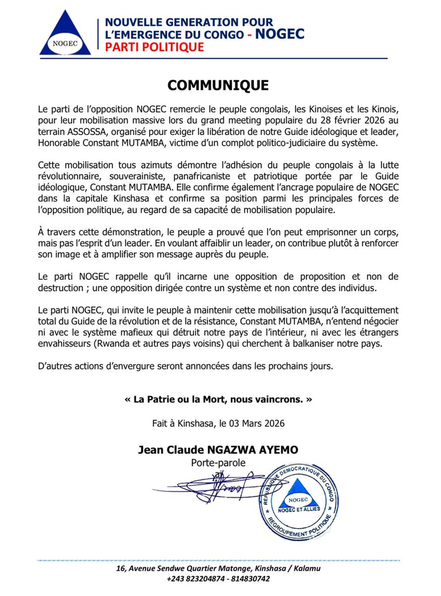 🚨Le parti de l'opposition NOGEC remercie le peuple congolais, les Kinoises et Kinois, pour leur mobilisation massive lors du grand meeting populaire du 28 février 2026 au terrain ASSOSA.