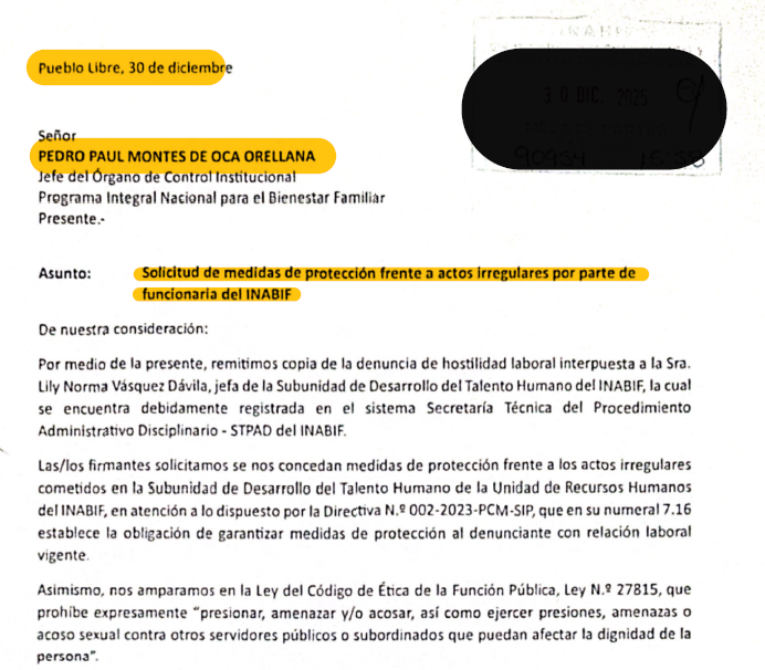 queloides's tweet photo. Mientras los denunciantes declaraban en distintas fechas, el 30 de diciembre de 2025 solicitaron medidas de protección al Órgano de Control Institucional, a cargo de Pedro Oca Orellana. Hasta hoy, no tienen respuesta. https://t.co/FizCaPk3DW