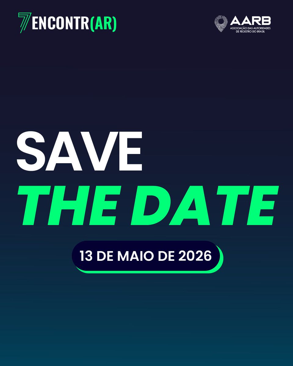 aarb_oficial's tweet photo. Save The Date! O 7º Encontr(AR) vem aí, em 13 de maio de 2026
Realizado pela AARB, o rvrnto chega com uma proposta renovada: um novo formato pensado para proporcionar ainda mais interação, dinamismo e imersão no universo da certificação digital.
📷  Marque na agenda! https://t.co/eKchTZ8wI0