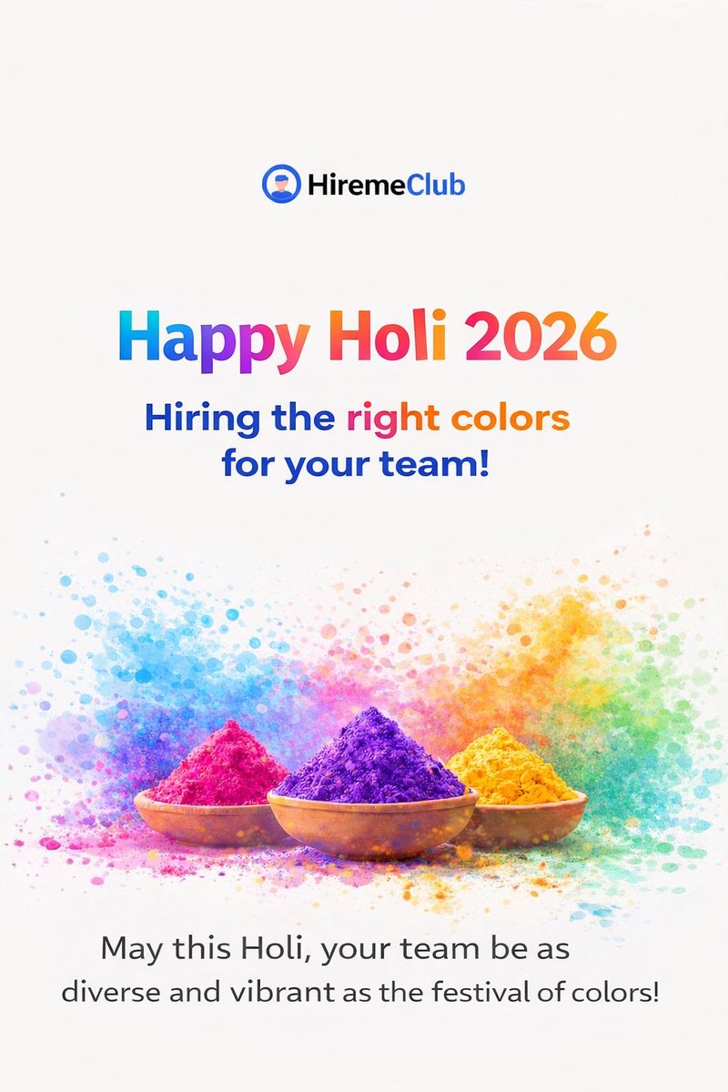 HiremeClub's tweet photo. May your teams be as vibrant as the colors of Holi.
Happy Holi 2026! 🌈✨

#HoliColors #HiremeClub #HappyHoli #DiversityInHiring https://t.co/gXXKcNSUT9