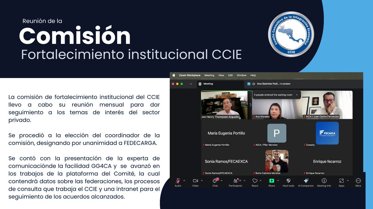 CCIE_CA's tweet photo. la comisión de fortalecimiento institucional del @CCIE_CA llevó a cabo su reunión, en la cual se contó con la participación de la experta en comunicación de la facilidad #GG4CA de @UECentroamerica  para dar seguimiento al trabajo de construcción de la plataforma del Comité. https://t.co/cnJdQFzDjo