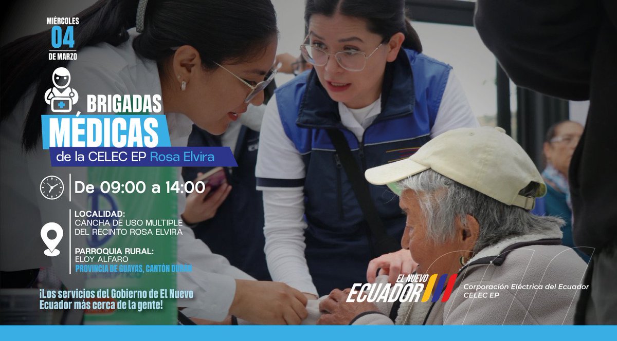 👩‍⚕️🩺 Invitamos a los moradores de Rosa Elvira, del cantón Durán, en la provincia de Guayas, a participar en la brigada médica, organizada por la CELEC EP.

En este espacio se ofrecerá atención médica y se entregará medicamentos gratuitos. ¡No faltes!