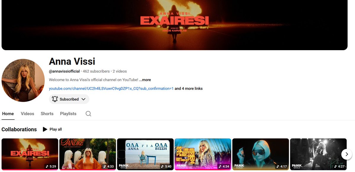 Anna Vissi is back on YouTube with her official personal channel. She already appears as a collaborator on all her music videos uploaded by Panik Records.

Subscribe: youtube.com/@annavissioffi…
