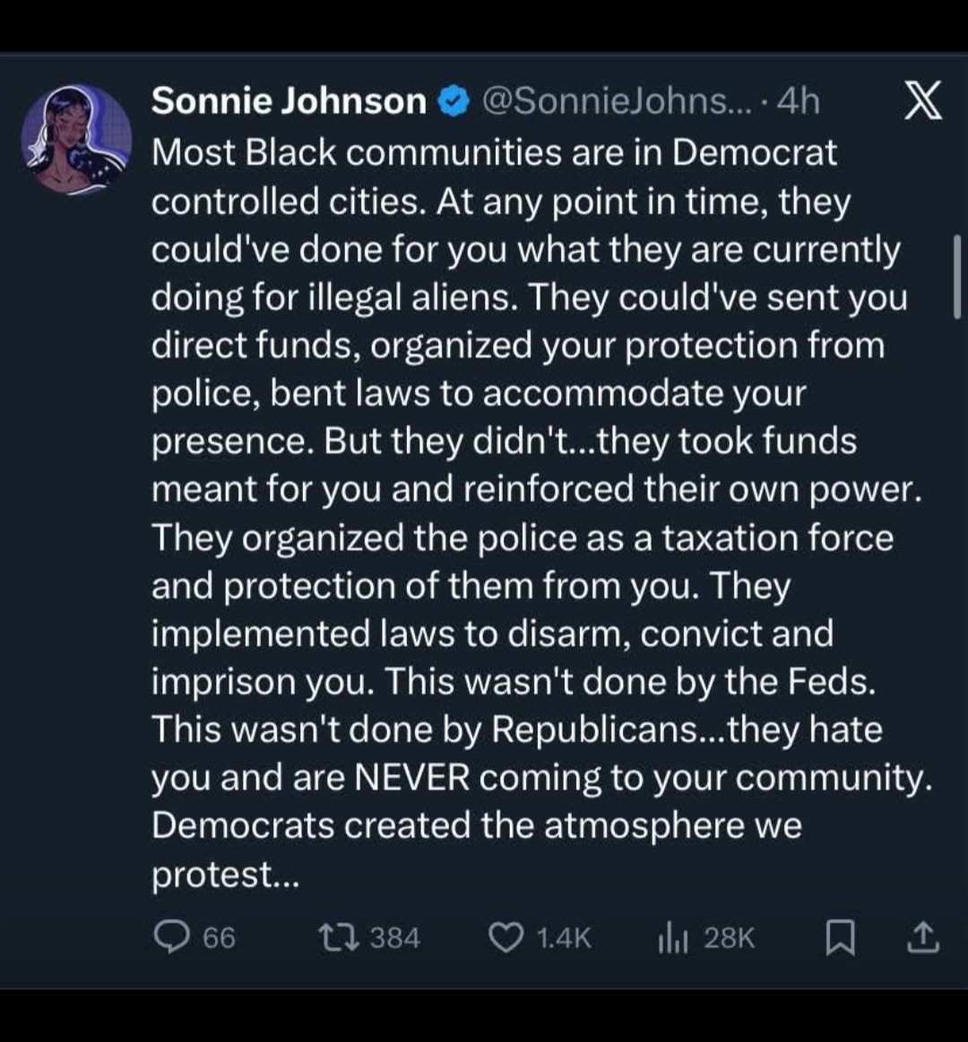 Imagine if the Dem party had worked to repair the Black community like they promised MLK? Instead of undermining Pres. Carter for Reagan to import cocaine/guns into our community &amp; doubling down with Bidens crime bill to now fight for the same cartel members not to be deported