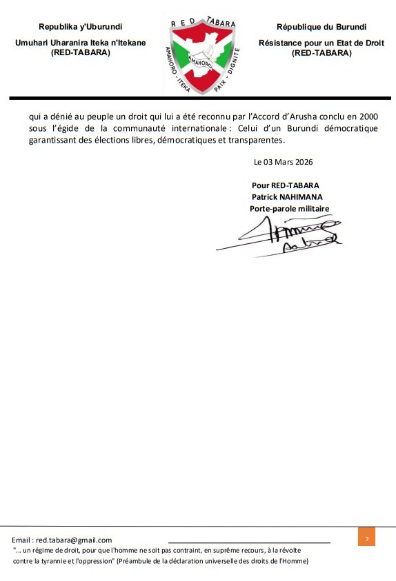 The armed group RED-Tabara has firmly denied allegations by the government in Kinshasa accusing it of entering the territory of the Democratic Republic of Congo with the support of Rwanda.
In a statement released by its spokesperson, Patrick Nahimana, RED-Tabara condemned what it