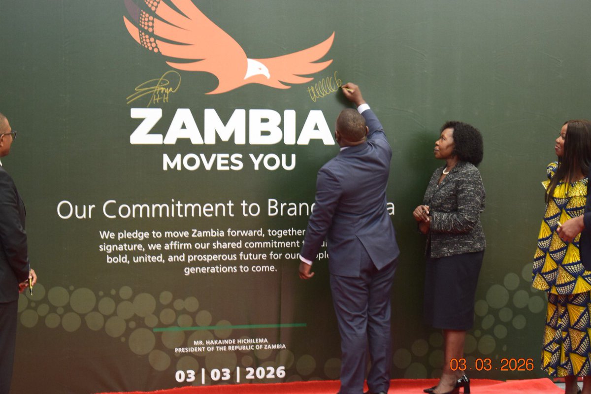 SikumbaRodney's tweet photo. Honoured to stand with H.E. @HHichilema as he signed the unveiling of Zambia Moves You under the Brand Zambia Initiative 🇿🇲

More than a logo, it’s our peace, unity, heritage &amp; ambition in motion.

Zambia is rising. Zambia is moving.

#ZambiaMovesYou #OneZambiaOneNation https://t.co/NP1mBRSawG