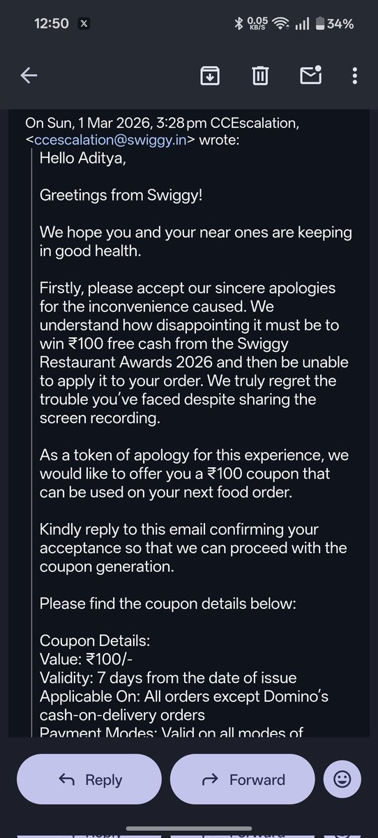 AdiKumarRoy's tweet photo. @SwiggyCares @Swiggy, I was promised a ₹100 coupon as an apology for the "Swiggy Restaurant Awards 2026" glitch. I've already confirmed my acceptance via email on March 1st to Ajay Kumar (CC Escalations), but still waiting on the credit.

Can we get this moving? ⏳ https://t.co/88FEpkmsYj
