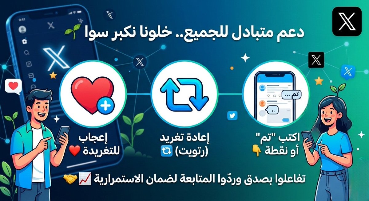 دعم متبادل للجميع.. خلونا نكبر سوا 🌱
• إعجاب للتغريدة ❤️
• إعادة تغريد (رتويت) 🔄
• اكتب "تم" أو نقطة 👇
تفاعلوا بصدق وردّوا المتابعة لضمان الاستمرارية 🤝📈