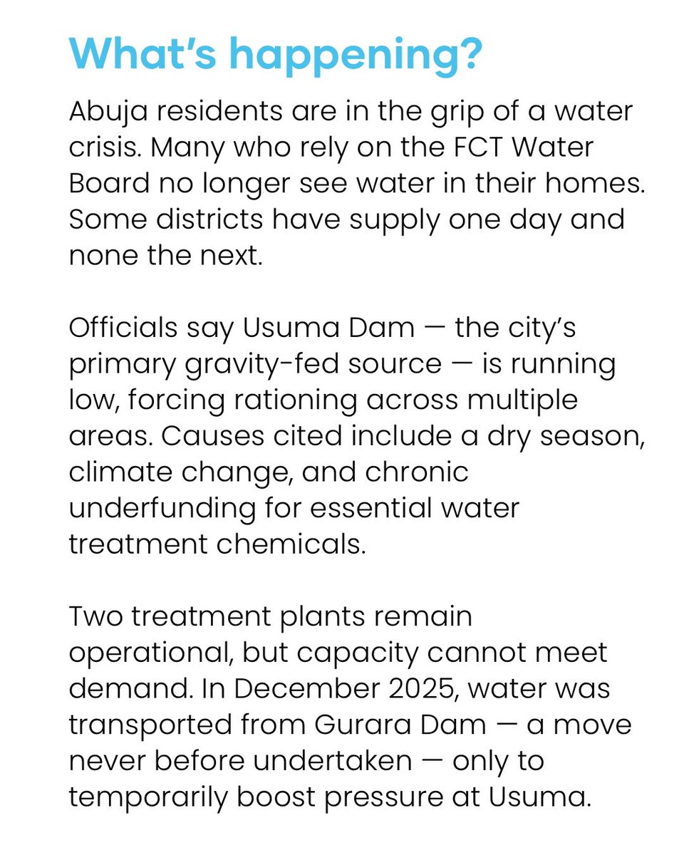 Residents of Abuja, the nation's capital, no longer have access to a steady supply of running water.