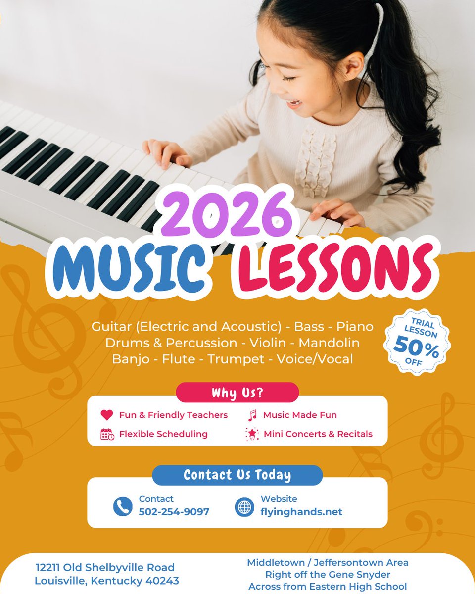 _FlyingHands_'s tweet photo. Strings: Guitar (Acoustic/Electric), Bass, Violin, Mandolin, Banjo

Keys &amp; Percussion: Piano, Drums &amp; Percussion

Brass &amp; Woodwinds: Trumpet, Flute

Vocals: Professional Voice Lessons

Call or Text us: (502) 254-9097 https://t.co/wgSvRGKClG